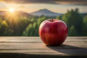 an apple sits on a wooden table in front of a mountain. AI-Generated photo