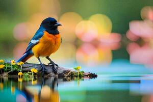 un vistoso pájaro se sienta en un rama en el agua. generado por ai foto