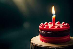 a red birthday cake with a lit candle. AI-Generated photo