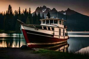 a boat sits on the shore of a lake at sunset. AI-Generated photo