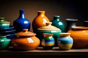 a collection of colorful ceramic vases. AI-Generated photo