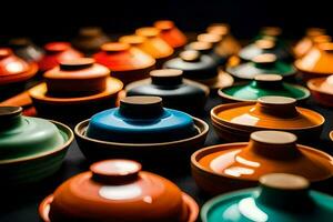 colorful pots and bowls are arranged in a row. AI-Generated photo