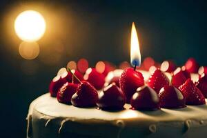 a birthday cake with a single candle. AI-Generated photo