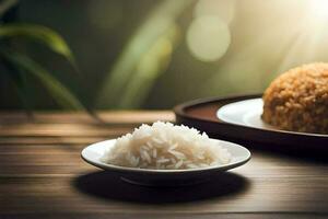 a bowl of rice and a plate of rice on a wooden table. AI-Generated photo