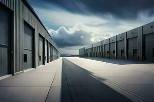 a long empty warehouse with dark clouds in the sky. AI-Generated photo