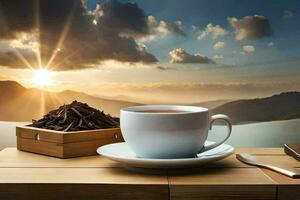 a cup of tea and a book on a table in the mountains. AI-Generated photo