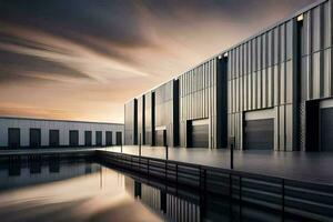 un grande almacén edificio con un muelle y agua. generado por ai foto