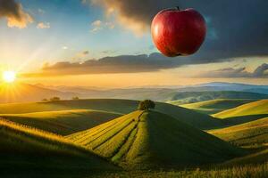 an apple is flying over a green field at sunset. AI-Generated photo