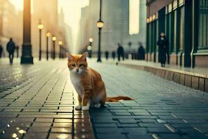 an orange cat is sitting on the sidewalk in the city. AI-Generated photo