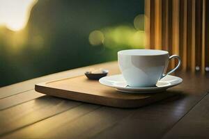 a cup of coffee on a wooden table. AI-Generated photo