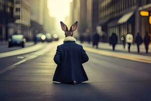 a rabbit in a coat sitting on the street. AI-Generated photo