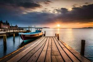 a boat docked at the end of a pier at sunset. AI-Generated photo