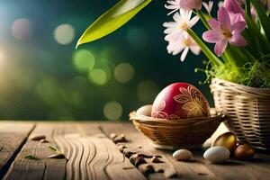 easter egg in basket on wooden table. AI-Generated photo