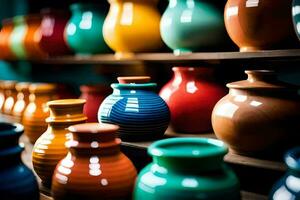 colorful vases on a shelf. AI-Generated photo