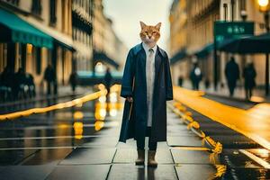 a cat wearing a coat and standing on a wet street. AI-Generated photo