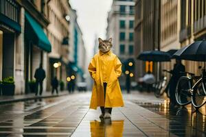 a cat in a yellow raincoat standing on a city street. AI-Generated photo