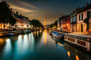 a canal in bruges, belgium at night. AI-Generated photo