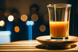 un vaso de naranja jugo sentado en un de madera mesa. generado por ai foto