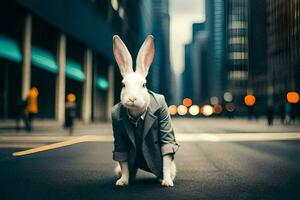 a rabbit in a suit is standing on the street. AI-Generated photo