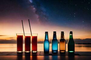 botellas de bebidas y un vaso con un estrellado cielo en el antecedentes. generado por ai foto