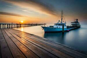 a boat docked at the pier at sunset. AI-Generated photo