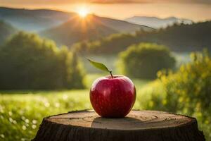 a red apple on a stump in the middle of a field. AI-Generated photo