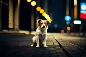 a dog sitting on the street at night. AI-Generated photo