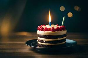 a birthday cake with a single candle. AI-Generated photo