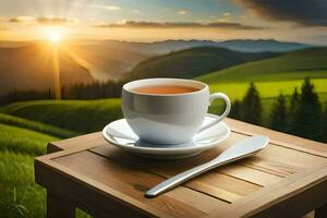 a cup of tea on a wooden table in the mountains. AI-Generated photo