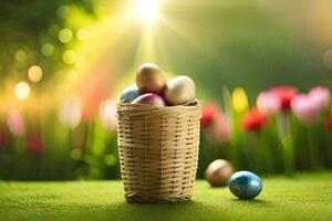 Pascua de Resurrección huevos en un cesta en el césped. generado por ai foto