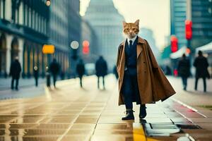 a cat dressed in a trench coat and suit. AI-Generated photo