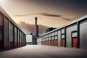 un largo fila de industrial edificios con rojo puertas generado por ai foto