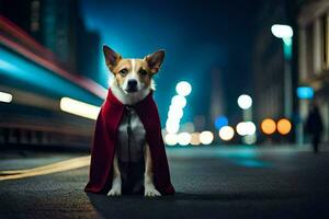 un perro vestido en un capa se sienta en el calle a noche. generado por ai foto
