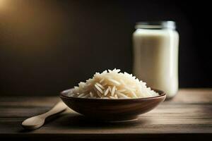 a bowl of rice and a glass of milk. AI-Generated photo
