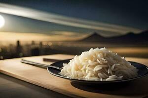 a bowl of rice on a table with a city in the background. AI-Generated photo