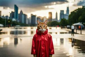a cat in a raincoat standing in front of a city. AI-Generated photo