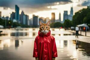 un gato en un impermeable en pie en frente de un ciudad. generado por ai foto