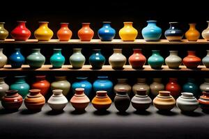 a row of colorful vases on a shelf. AI-Generated photo