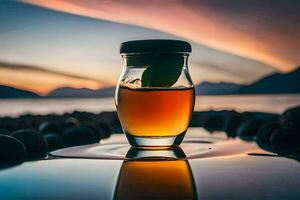 a glass jar filled with liquid sitting on a rock. AI-Generated photo