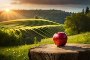 a red apple on a stump in the middle of a field. AI-Generated photo