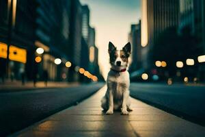 a dog sitting on the sidewalk in the middle of a city. AI-Generated photo