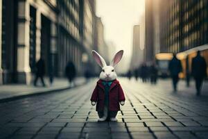 a rabbit in a red coat standing on a street. AI-Generated photo