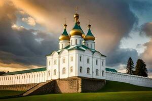 the white church with gold domes is in the middle of a green field. AI-Generated photo