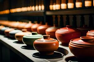 a row of colorful vases on a shelf. AI-Generated photo