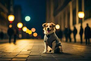 a dog wearing a jacket sitting on the street at night. AI-Generated photo