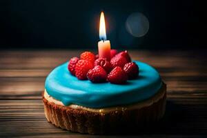 a blue cake with raspberries on top. AI-Generated photo