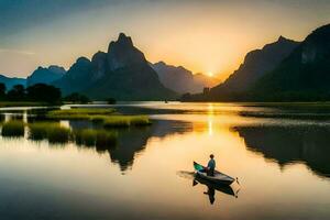 a man in a boat on a lake with mountains in the background. AI-Generated photo