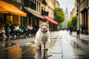 a cat is standing on a wet street in front of buildings. AI-Generated photo