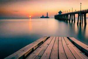 a pier with a lighthouse at sunset. AI-Generated photo