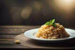 a plate of pasta with basil leaves on a wooden table. AI-Generated photo